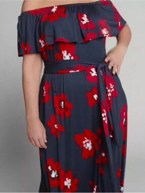 Lane Bryant Navy Red Four Way Floral Maxi Dress Waist Tie Strapless One Shoulder